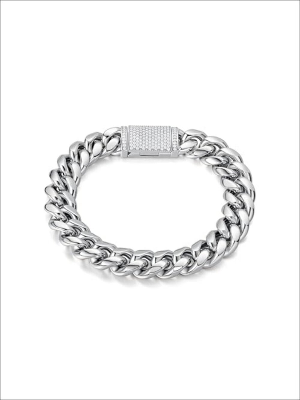 12mm Miami Cuban Link Bracelet Stainless Steel White Gold Plated Iced Lab
